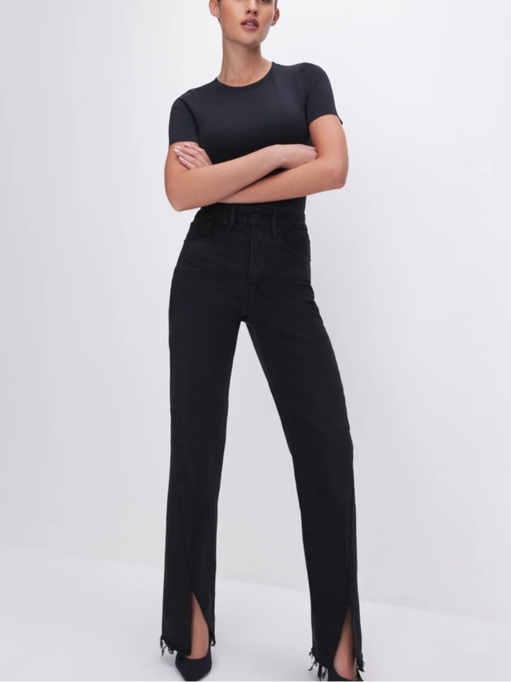 Good American Good Boy Black High-Rise Straight Leg Twisted Slit Jeans size 14